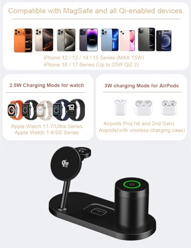 4-in-1 Charging Station with Qi2.2 25W, Charging Station for Apple Watch and iPhone, Compatible with MagSafe Wireless Charger for iPhone 17/16/15/14/13/12, AirPods, Apple Watch, with 45W Adapter