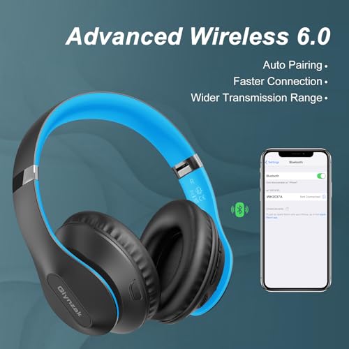 Wireless Bluetooth Headphones Over Ear V6.0 HiFi Stereo with Mic | 65H Playtime 6EQ Modes Foldable Bluetooth Headset with Microphone for Travel Smartphone Computer Laptop Blue - color: Blue