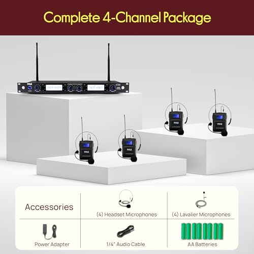 Pyle 4 Channel UHF Wireless Microphone System with 4 Lavalier & 4 Headset Mics, 300 Ft Range, Rack Mount Receiver for Conferences, Events & PA Systems - style: 4-Channel Lavalier-Headset