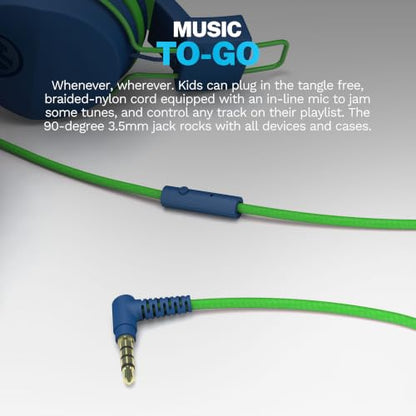 JLab JBuddies Studio Kids on-Ear Wired Headphones with mic, Volume Limiter, Folding, Adjustable, Noise Isolation, Blue/Green - color: Blue/Green, size: Headphones