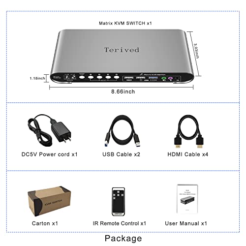 2 Computers 2 HDMI Monitors Matrix Automatic KVM Switch 4K@60Hz, Hotkey Switching, EDID, Digital Display and Aluminum Shell, USB 3.0 Hub Audio Microphone with Cables - style: 2 PCs 2 HDMI Monitors Matrix