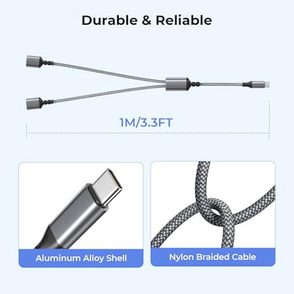 Basesailor USB C Male to Dual USB Female Cable Adapter 3.3FT,OTG Adapter - color: Gray, size: 3.3FT(1M), style: 1 in 2 out
