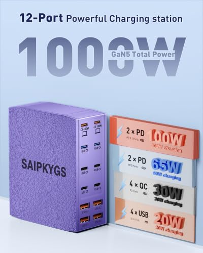 1000W USB Charging Station,12-Port USB C Charger Block with Dual 100W PD | USB-C Fast Charging Station Hub for MacBook Pro/Air/All iPad Phone 17/16 15/14/13/Pro Max/Samsung Galaxy Note - color: Purple