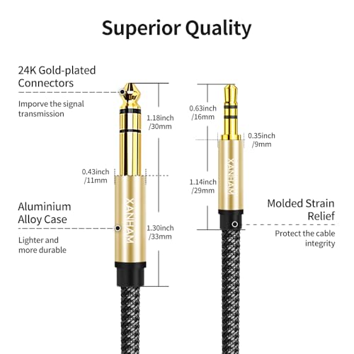 3.5mm to 1/4 Stereo Audio Cable 6.6 Feet /2M, 1/8" to 6.35mm 1/4" TRS Male Aux Cord Double Shielded with Braiding for Guitar, Amplifiers, PC, Home Theater, Speaker, etc. - size: 6.6 Feet