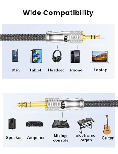 EMK Premium 1/8" to 1/4" (3.5mm to 6.35mm) TRS Stereo Cable - Nylon Braided Male to Male Adapter for Guitar, Keyboards, Amps & Studio Gear (10Ft/3M) - Gold-Plated, Noise-Free - size: 10 Feet, style: 1/8 to 1/4 Stereo Cable