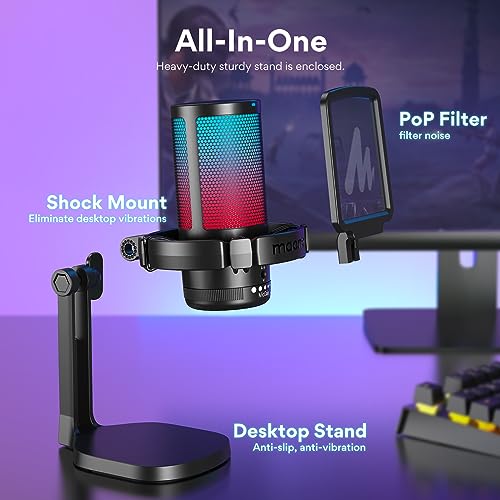 MAONO USB Gaming Microphone with Headphones, PC Computer Condenser mic with Noise Cancellation, RGB Lights, Mute for Streaming, Recording, Podcast, Chat, Twitch, YouTube, Discord, GamerWave, MH601