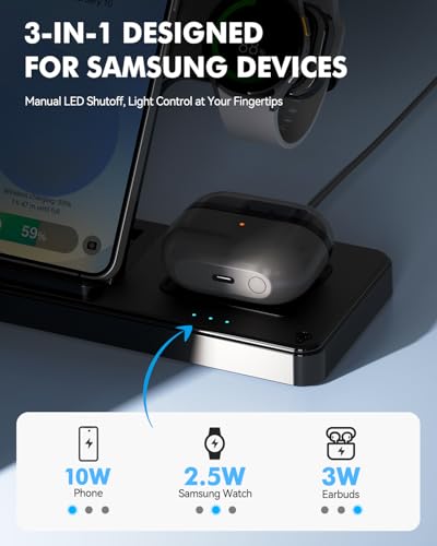 3-in-1 Charging Station for Samsung, Foldable Wireless Charger Stand | Android Phone and Watch Charger for Samsung S26/S25/S24/S23/S22/S21, Note 20/10, Z Fold 6/5, Galaxy Buds and Watch-Black - color: Black 9