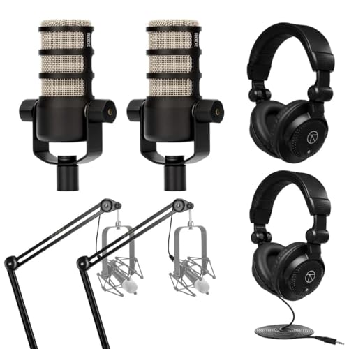 Rode PodMic Dynamic Podcasting Microphone Black, Pair, Bundle with 2X Broadcast Arms and 10' XLR Cables, Turnstile Audio Headphones