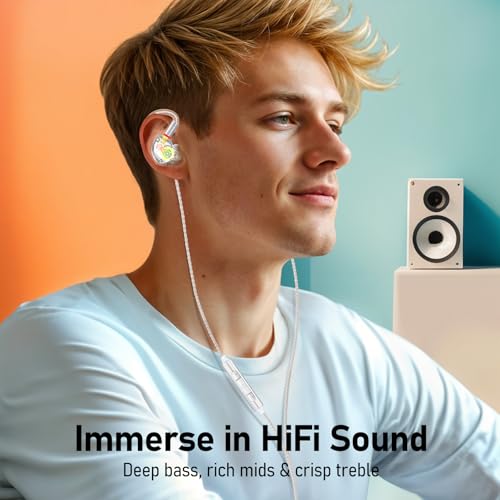 Audiovance Vibes 202ML HiFi 유선 이어버드, 아이폰 14/13/12/11/X, 프로 맥스용 | 마이크가 있는 인이어 헤드폰, 선명한 사운드, 딥 베이스, 소음 차단 이어버드, 실버 도금 코드, 편안한 핏, 케이스 - color: 2-투명