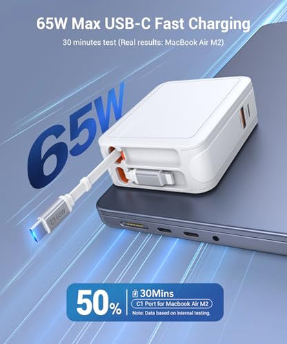 65W Retractable Wall Charger with Dual Cables,4-in-1 Retractable Phone Charger Wall Plug with USB Ports,2.6FT PD Cable&2 Ports,Fast Charging for iPhone 17/16/15,MacBook Pro/Air,Galaxy,Pixel,Travel