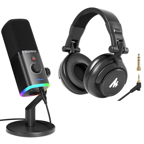 MAONO XLR/USB Gaming Microphone and Studio Monitor Headphones Set, Computer Recording Mic with Mute Button, RGB, Over Ear Wired Headset for YouTube Podcasting Streaming Gaming (PD100X Black+MH601)