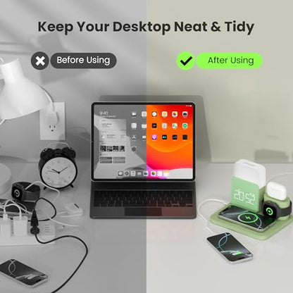 Wireless Charging Station, 7 in 1 Wireless Charger Stand with Dual Alarm Clock, Charging Dock for iPhone16/15/14/13/12/11/Pro/Max/Samsung Phone, Apple Watch 9/8/7/6/5/SE, AirPods/3/2