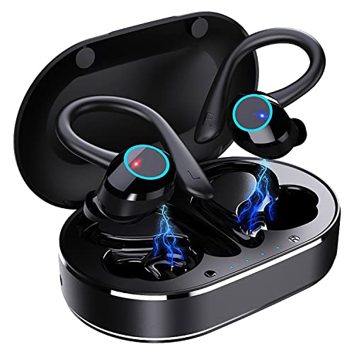 Ear hook Wireless Workout Earbuds, Bluetooth 5.1 Headphones, 28Hrs Playtime, HiFi Stereo, Sweatproof, Noise Cancelling, Lightweight, 500mAh battery, Ideal for Cycling, Sport, Running, Driving.,Black