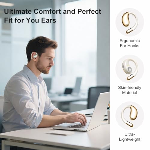 Open Ear Headphones Wireless Bluetooth 5.4, Air Conduction Wireless Earbuds with Ear Hooks and Mic, 50H LED Charging Case, IPX7 Water Resistant Sport Headphones for Running Gym Work - color: Khaki White