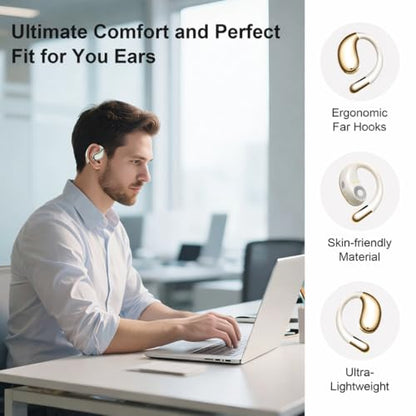 Open Ear Headphones Wireless Bluetooth 5.4, Air Conduction Wireless Earbuds with Ear Hooks and Mic, 50H LED Charging Case, IPX7 Water Resistant Sport Headphones for Running Gym Work - color: Khaki White