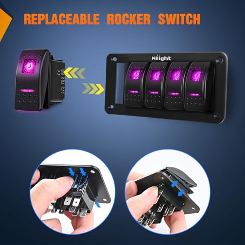 Nilight 5 Gang Rocker Switch Panel w/Purple LED Light 5Pin On Off Pre-Wired | Aluminum Toggle Switches Waterproof for 12V/24V Cars Marine Boats ATVs Trailers RV Trucks - color: Purple, size: 5 Gang