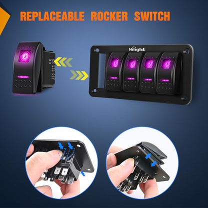 Nilight 5 Gang Rocker Switch Panel w/Purple LED Light 5Pin On Off Pre-Wired | Aluminum Toggle Switches Waterproof for 12V/24V Cars Marine Boats ATVs Trailers RV Trucks - color: Purple, size: 5 Gang