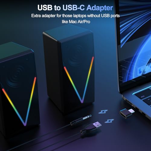 Computer Speakers, Desktop PC Speakers with 6 Colorful RGB Lights, Headphone Jack, Enhanced Bass and Volume Control, USB Powered & 3.5mm Aux Gaming Speakers for Laptop Monitor PC Tablet Phone