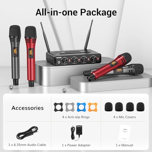 TONOR Wireless Microphones System, Handheld Microfono Inalambrico, Red | 4x10 Channels Cordless Mics, 60 m/200FT UHF Range with Stable Signal Transmission for Karaoke Singing Party Church Wedding - style: 4 Handheld Mics Grey&Red