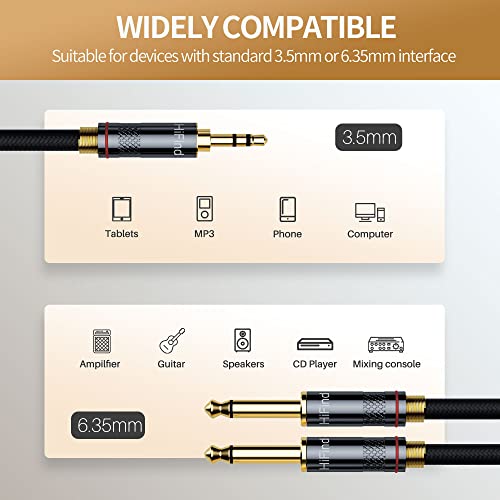 HiFind 3.5mm to Dual 6.35mm Stereo Audio Cable 6 Ft (Real Hi-Fi Sound-Silver Plated Copper-Spring SR) 3.5 mm 1/8" TRS Male to 2 X 6.35 mm 1/4 TS Male Bidirectional Cable for Guitar,Theater,Speaker - size: 6FT, style: 1/8 to Dual 1/4