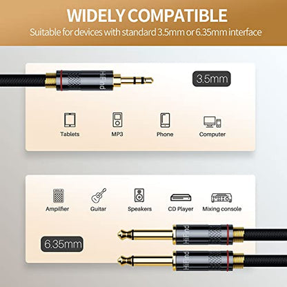 HiFind 3.5mm to Dual 6.35mm Stereo Audio Cable 6 Ft (Real Hi-Fi Sound-Silver Plated Copper-Spring SR) 3.5 mm 1/8" TRS Male to 2 X 6.35 mm 1/4 TS Male Bidirectional Cable for Guitar,Theater,Speaker - size: 6FT, style: 1/8 to Dual 1/4