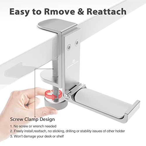 Foldable Headphone Stand and Hook – Aluminum Headset Holder Clamp Mount Under Desk, Universal Fit for Gaming Headphones, Space-Saving Hanger Organizer - color: Silver