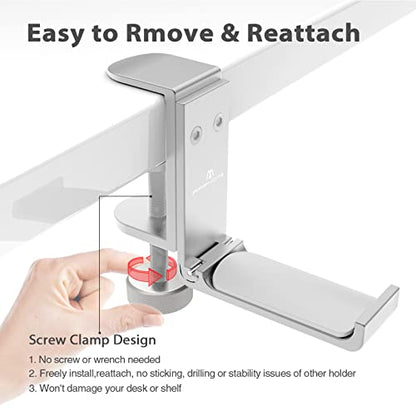 Foldable Headphone Stand and Hook – Aluminum Headset Holder Clamp Mount Under Desk, Universal Fit for Gaming Headphones, Space-Saving Hanger Organizer - color: Silver