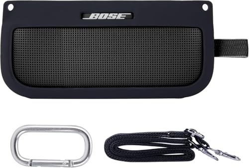 co2CREA Soft Silicone Case Replacement for Bose SoundLink Flex Bluetooth Portable Speaker (Silicone Case, Black Case) | Adjustable Shoulder Strap, Crossbody Carrying, Aluminum Carabiner, Lightweight - color: Black Case