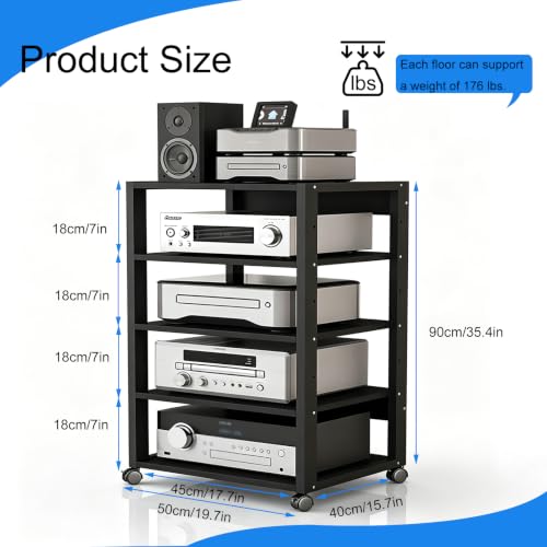 5 Tier Audio Rack Tower, CD Record Player Stereo Receiver AV Equipment Cabinet Display Rack, Weight Capacity 661 lbs, with Adjustable Wooden Shelves for Home (5 Tier Black) - size: 5 Tier Black