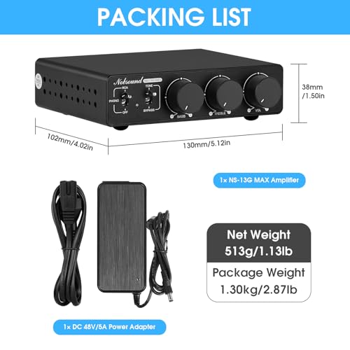 Nobsound 300Wx2 Stereo Amplifier with Phono Input - HiFi Class D Mini Power Amp for Home Theater, Turntables, Studio Monitor | TPA3255 Chip, RCA/MM Inputs, Bass/Treble Control (NS-13G MAX DC 48V)