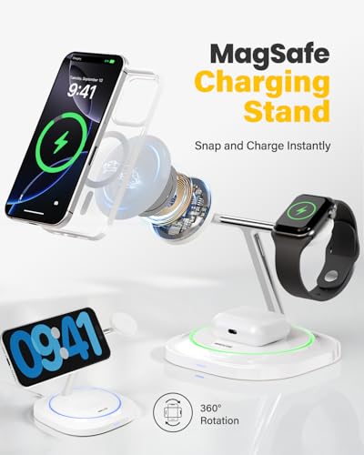 3 in 1 Magnetic Wireless Charger for Apple - Fast Charging Station Compatible with MagSafe for iPhone17-12, Apple Watch& AirPods, Phone and Watch Charger Stand for Desktop Bedside Nightstand (White) - color: White