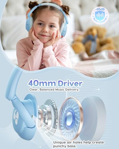 awatrue Kids Bluetooth Headphones, 85dB Volume Limiter, Blue HK02 | Foldable Wireless, Bluetooth 5.4, 75H Playtime, Built-in Mic, for iPad & Travel - color: Blue