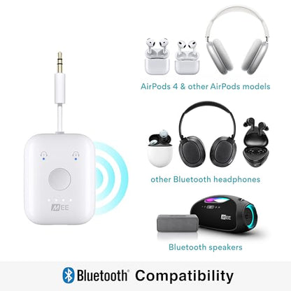 MEE audio Connect Air (2 PACK) in-Flight Bluetooth Wireless Audio Transmitter Adapter for up to 2 AirPods/Other Headphones; Works with All 3.5mm Aux Jacks on Airplanes, Gym, TVs, & Gaming, Black&White - color: 2PK Black+White, style: Connect Air