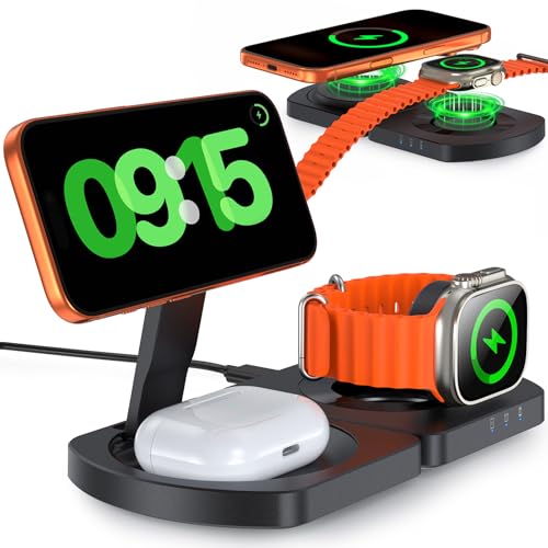 Wireless Charger for iPhone, 3-in-1 Magnetic Charging Station, Foldable | Compatible with iPhone 17 Air 16 15 14 13 12 Series, AirPods Pro, Apple Watch Ultra, Compact & Portable, No Adapter, Black - color: Apple Black