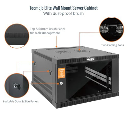 Tecmojo 6U Wall Mount Rack Cabinet, Heavy-Duty 176 Lbs High Load Capacity, 19” Enclosed Server Network Rack with 2 Colling Fans, Glass Door, 23.6” Deep – Elite Collection - size: 6U/23.6in Depth/Glass Door