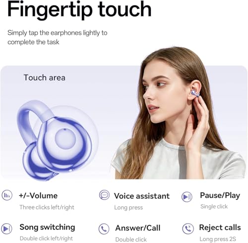 Clip-On Open Ear Earbuds for Women, Bluetooth 6.0 Wireless Earbuds with Hi-Fi Stereo Sound, Lightweight Headphones for Small Ears, Comfortable All-Day Wear, 40H Playtime, USB-C, Daily Use - color: Purple