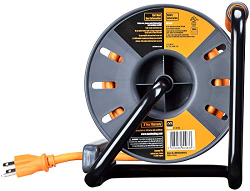 Masterplug 50ft Cord Reel, Retractable Extension Lead with Winding Handle, Safety Overload Circuit Breaker and Power Switch, 4x Grounded Outlets, 2x USB Ports, 15amps, 12AWG Cable - size: 50ft, style: 12 AWG