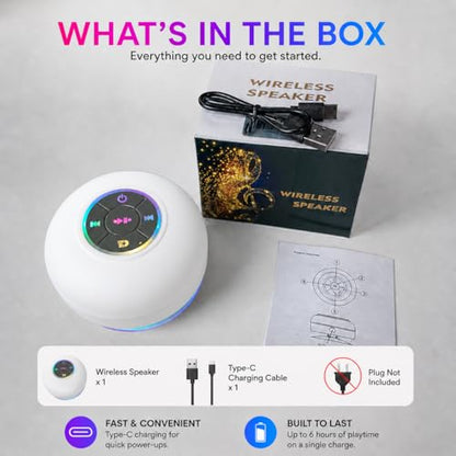 Bluetooth Shower Speaker with LED – Portable Wireless Mini Speaker with Mic & Suction Cup, IPX4 Water Resistant for Shower, Travel, Pool, River Floating, and Outdoor Fun (White) - color: White