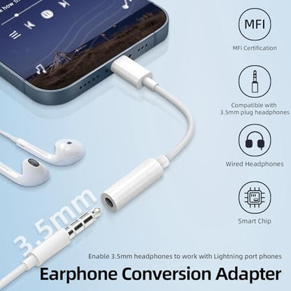 [MFi Certified] 2 Pack Lightning to 3.5mm Headphone Jack Adapter, Lightning to 3.5mm Adapter for iPhone 15/14/13/12/11/X/XS/8/7, Compatible with Headphones, Earbuds & Audio Devices