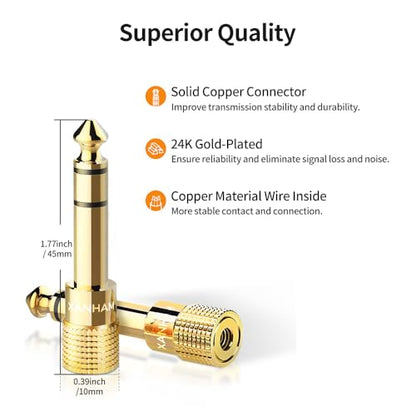 1/4 Inch 6.35mm Male to 1/8 Inch 3.5mm Female TRS Stereo Audio Jack Quarter Inch to Headphone Aux Adapter for Aux Cable, Guitar Amplifier, Speaker, etc. (2 Pack)