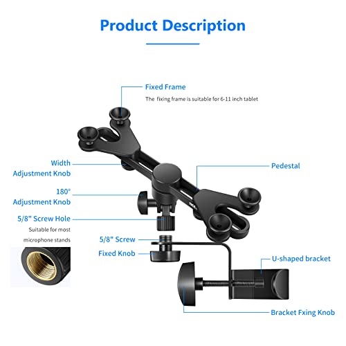 Neewer 6-11 inches Adjustable Music Mic Microphone Stand Tablet Mount with 360 Degree Swivel Holder for Apple iPad Pro Air Mini Google Nexus Samsung Galaxy - style: NW-105
