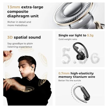 MS219 Ear-Hook in-Ear Bluetooth 6.0 Earbuds, IPX5 Waterproof Wireless Headphones with HD Calling, HiFi Sound for Workout Gym Running All-Day Wear (Black) - color: Black