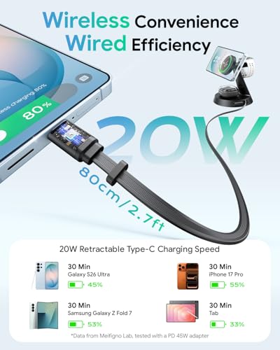 Meifigno 4 in 1 Magnetic Charger for Samsung with 20W Fast Retractable Cable, Wireless Charging Station Designed for MagSafe Charger Stand for Galaxy S26 Ultra Z Fold7/Flip7/Galaxy Watch Ultra 8/Buds