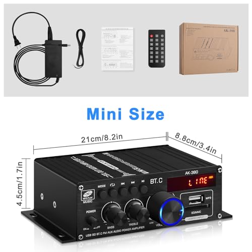 AK-380 USB SD BT.C FM AUX Audio Power Amplifier 2.0 CH 40W+40W HiFi AMP | Stereo AMP Bluetooth 5.0 Speaker Amp Receiver with 12V 5A Power Supply,FM Antenna for Car Home Bar Party - color: AK-380(2.0CH 40W+40W RMS)