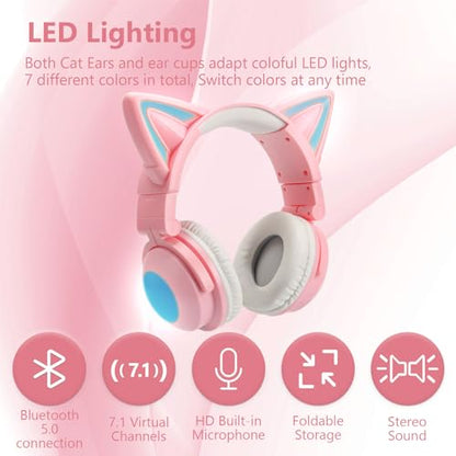 Cat Ear Bluetooth Headphones for Kids Adult, LED Gaming Headset | Toddler Girl Headphones, Bluetooth Over Ear Headphones with Microphone,Foldable,Phone/PC/Tablet/TV Compatible,Pink - color: Pink