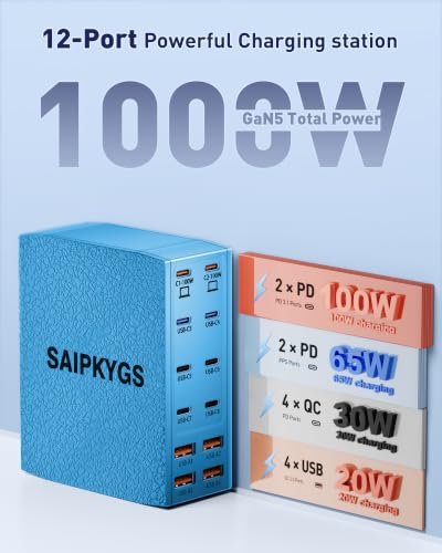 1000W USB Charging Station,12-Port USB C Charger Block with Dual 100W PD | USB-C Fast Charging Station Hub for MacBook Pro/Air/All iPad Phone 17/16 15/14/13/Pro Max/Samsung Galaxy Note - color: Blue