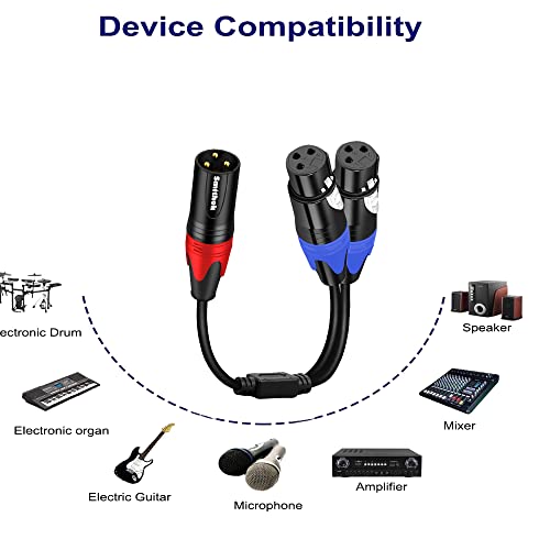 Smithok 1 Male to 2 Female XLR Y Splitter Micrphone Cable, 3 Pin XLR 2 Female to 1 Male, Combiner Y Cord Balanced Mic Audio Cables for Stero Mic to L&R Audio Track(11.8 inches/0.3m)