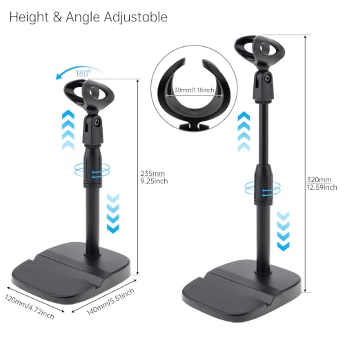 RTNLIT Desktop Mic Stand with Phone Holder, 5/8" to 3/8" Screw Adapter | Adjustable Desk Microphone Stand with Mic Clip, Max 1.7 inch Diameter Microphone, Weighted Base, Height 9.8" to 13.4