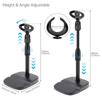 RTNLIT Desktop Mic Stand with Phone Holder, 5/8" to 3/8" Screw Adapter | Adjustable Desk Microphone Stand with Mic Clip, Max 1.7 inch Diameter Microphone, Weighted Base, Height 9.8" to 13.4