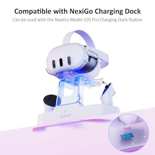 NexiGo Charging Dock for Oculus Quest 3 and 2 with LED Light [On/Off], [Support Elite Strap with Battery], Headset Display Holder and Controller Mount, 2 Rechargeable Batteries